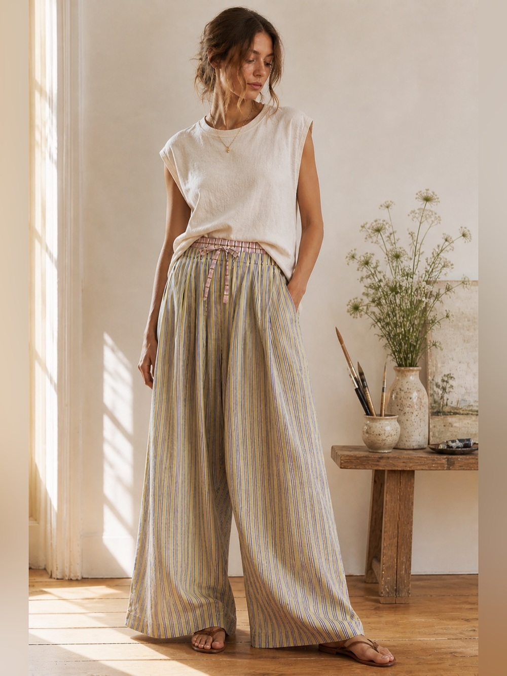 Anthropologie | Striped Cotton Wide-Leg Pants | Drawstring Waist | XS